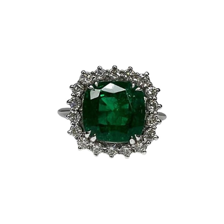 3.5 Carat Emerald Cushion Ring For Sale