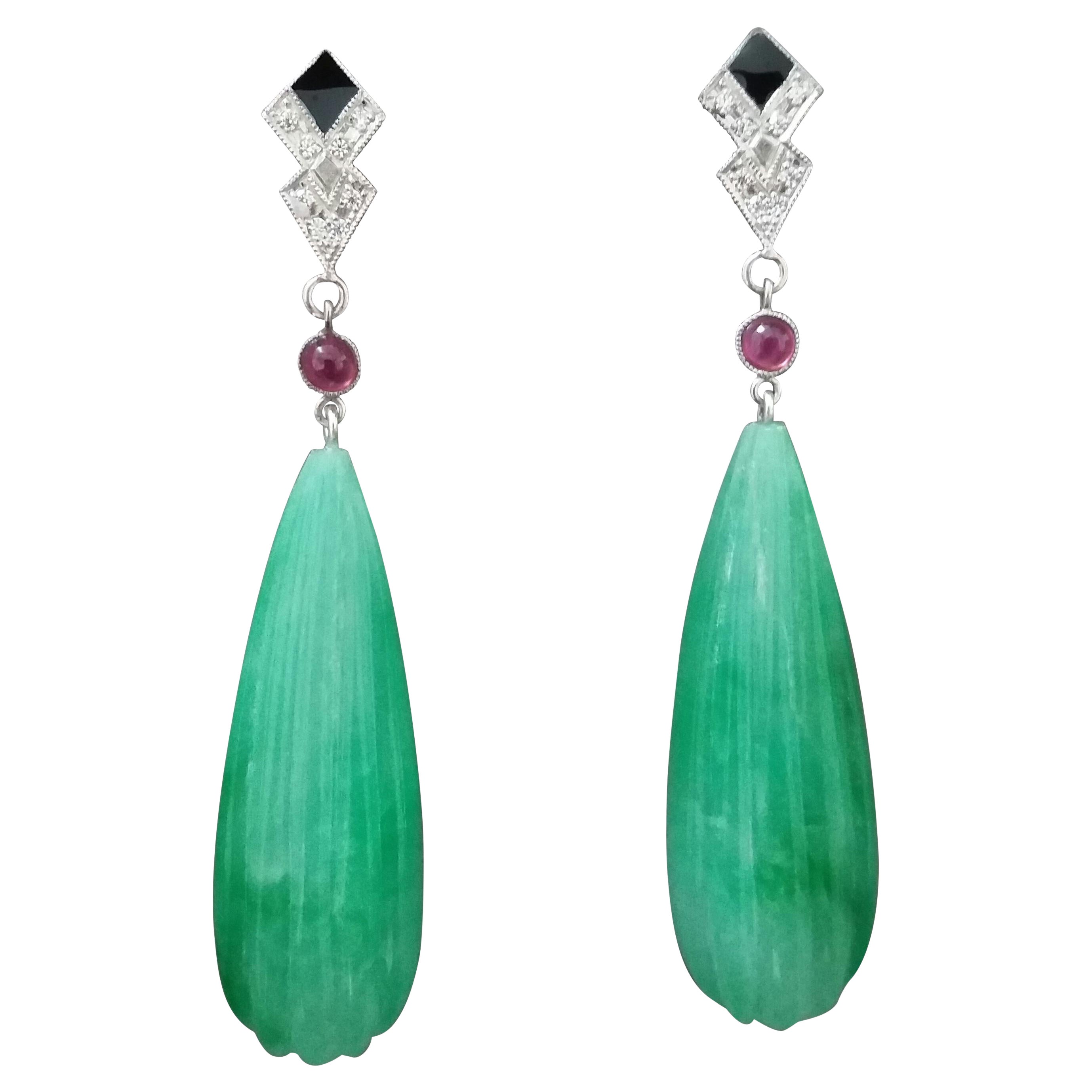 Art Deco Style 14k Gold Rubies Diamonds Black Enamel Carved Jade Dangle Earrings For Sale