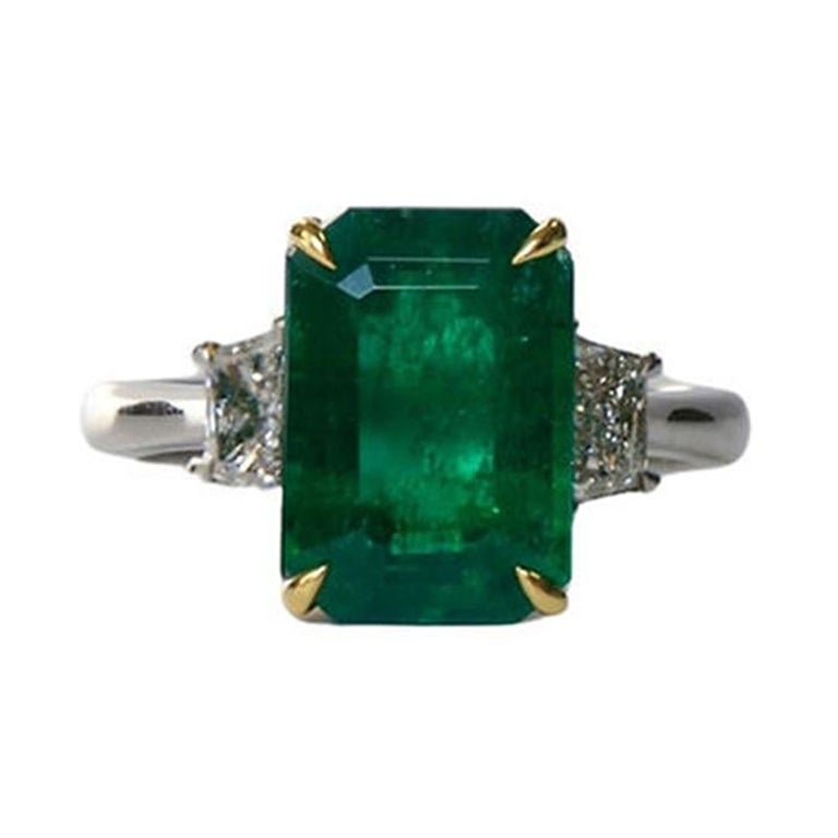 3.87 Carat Emerald EC Three Stone Ring For Sale
