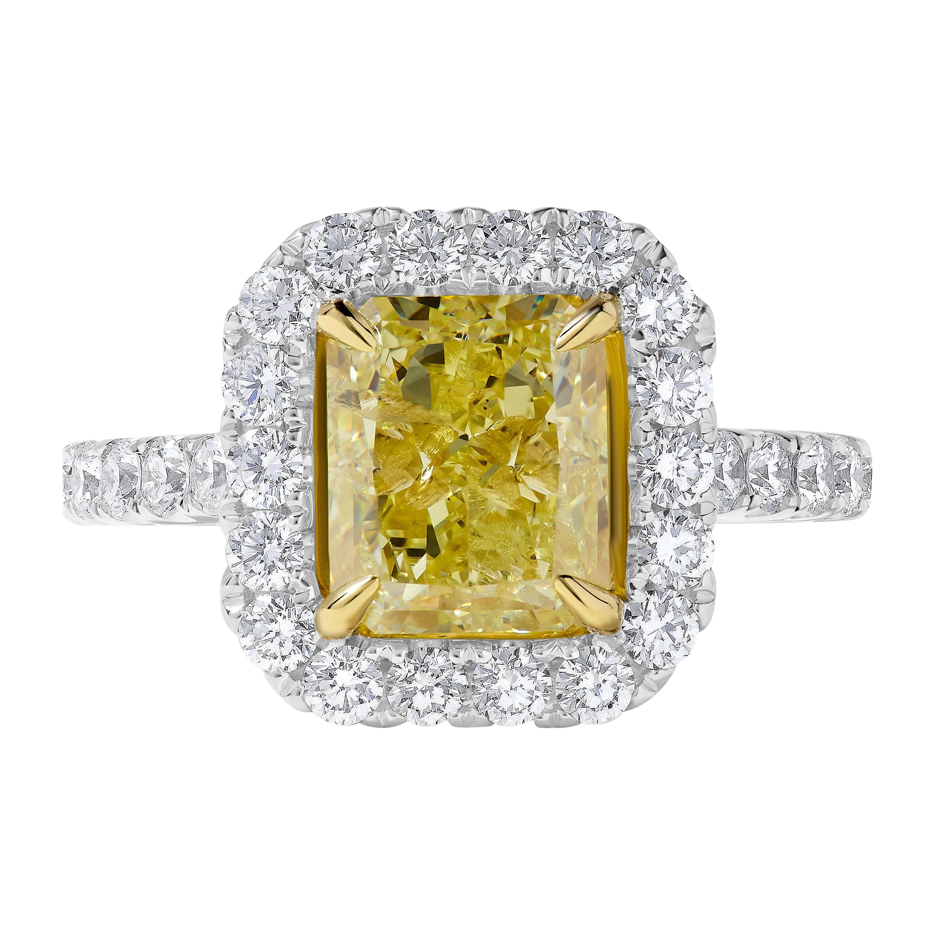 GIA Certified Natural Yellow Radiant Diamond 4.03 Carat TW Gold Cocktail Ring