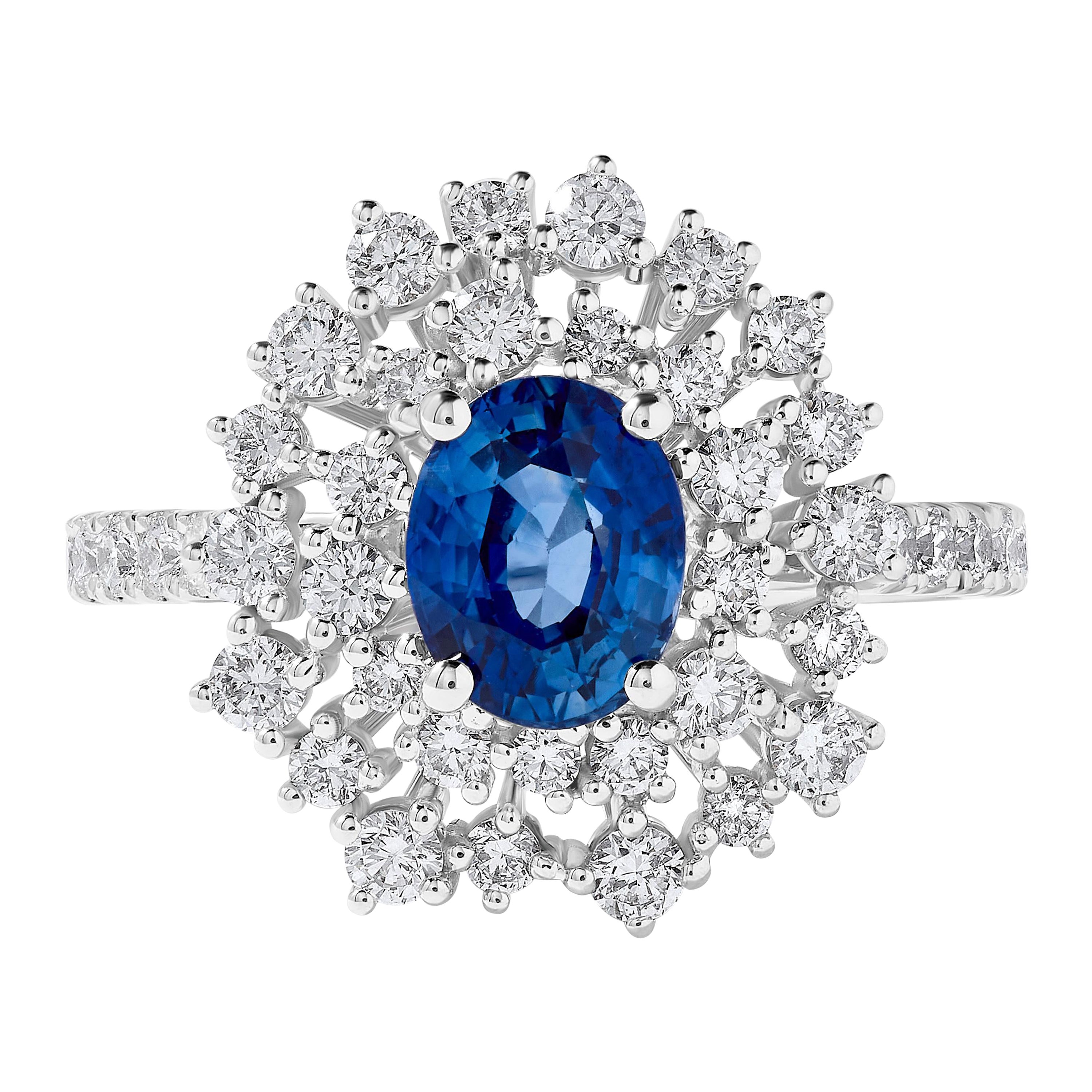 Natural Blue Oval Sapphire and White Diamond 2.86 Carat TW Gold Cocktail Ring For Sale