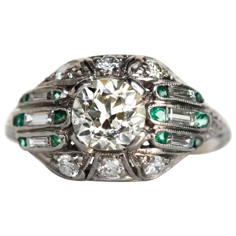 1920s Art Deco Emerald Diamond Platinum Engagement Ring For Sale at 1stdibs