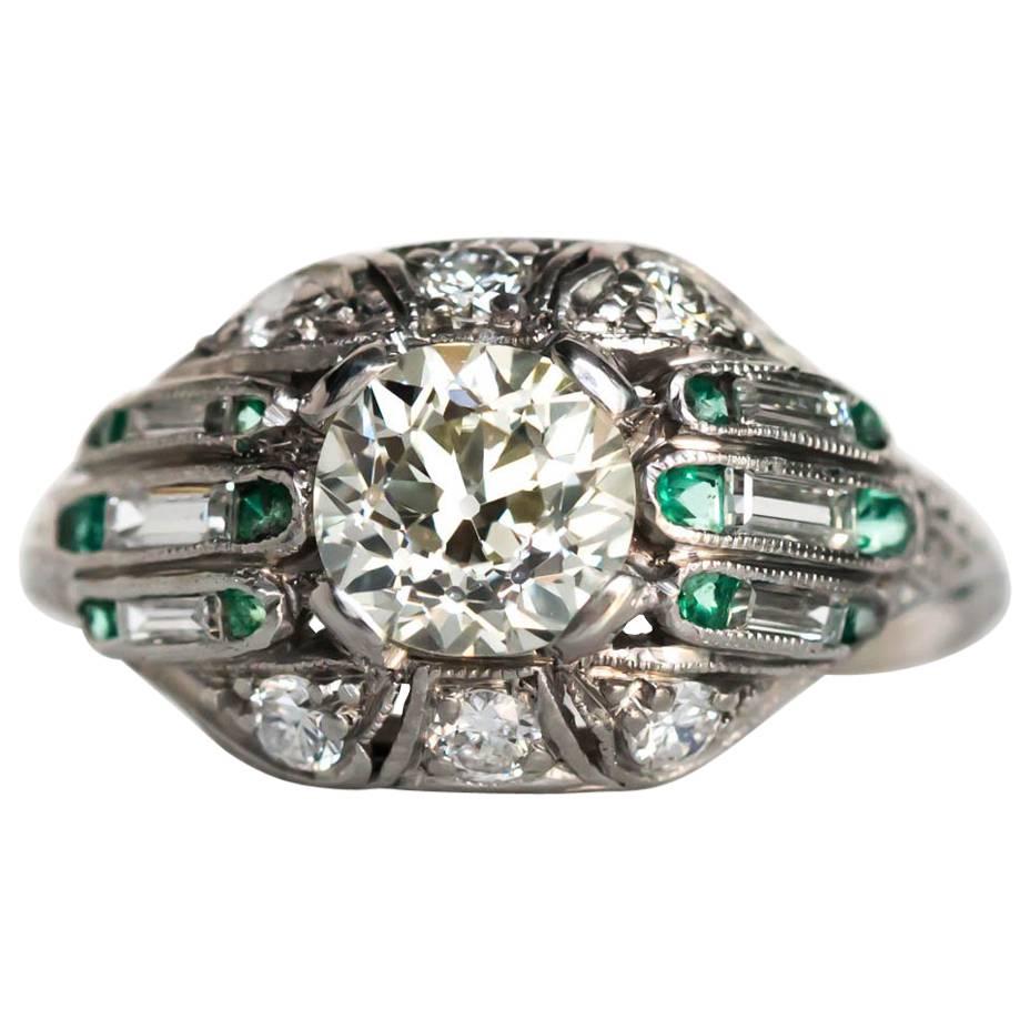 1920s Art Deco Emerald Diamond Platinum Engagement Ring