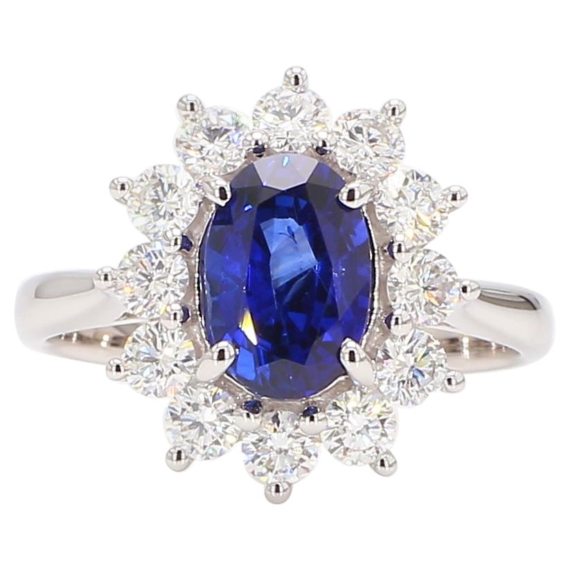 Natural Blue Oval Sapphire and White Diamond 2.88 Carat TW Gold Cocktail Ring