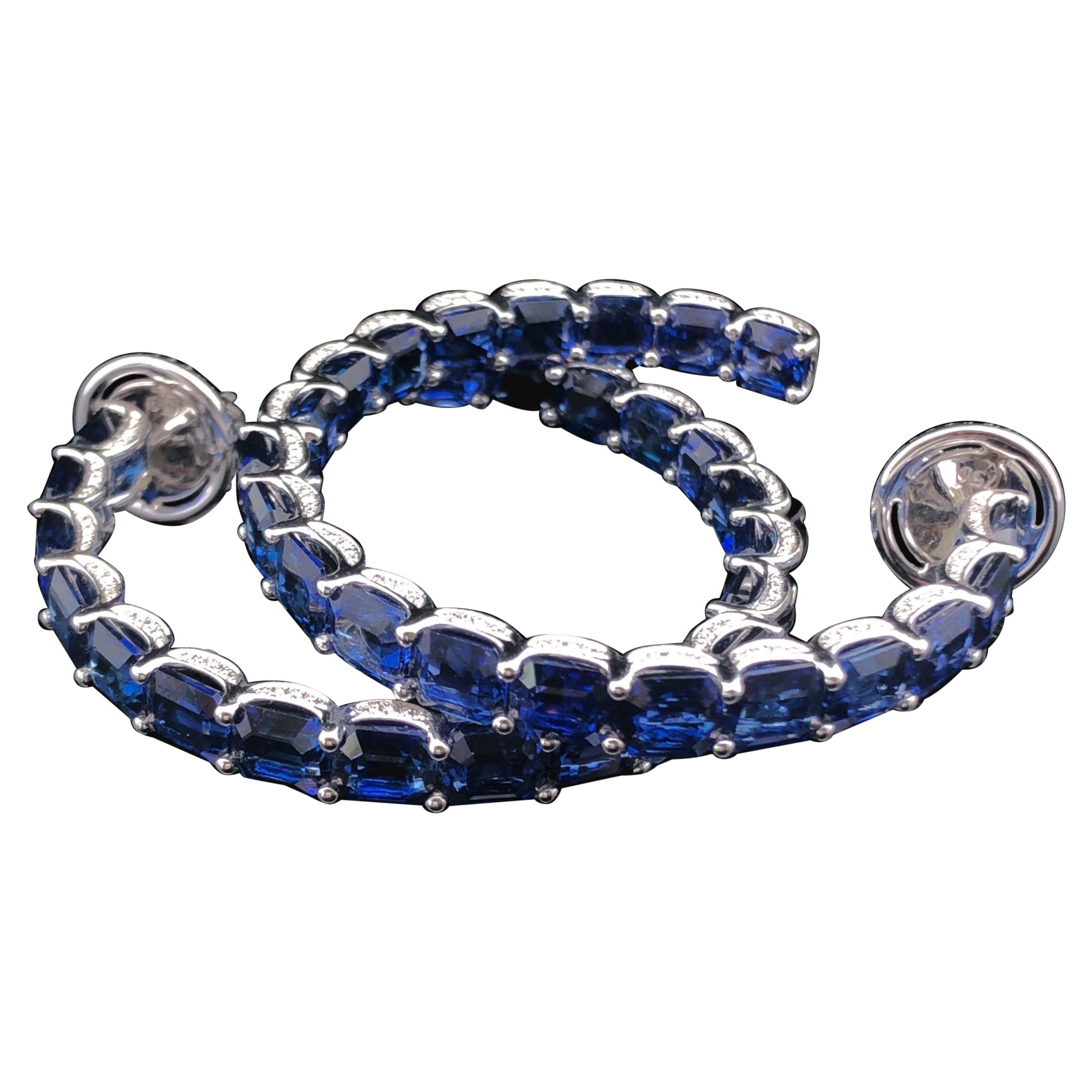 18KWG 32 CTS Ceylon Sapphire and Diamond Large Hoop Earring For Sale