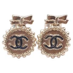 Chanel Classic Gold Bow CC Round Small Button Stud Piercing Earrings
