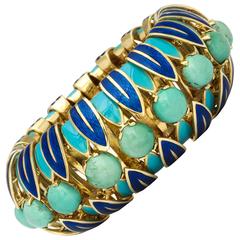 1960s Cabochon Turquoise Enameled Gold Bracelet