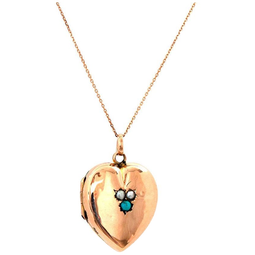 Antique Victorian Turquoise & Pearl 9ct Rose Gold Locket Necklace For Sale