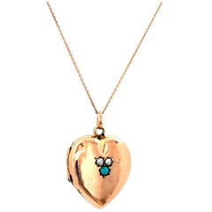 Antique Victorian Turquoise & Pearl 9ct Rose Gold Locket Necklace