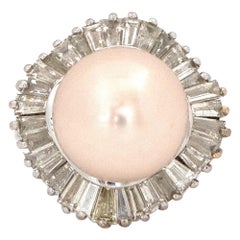 Vintage Ballerina-Ring, Perle 18 Karat Weißgold 2,35 Karat Diamant