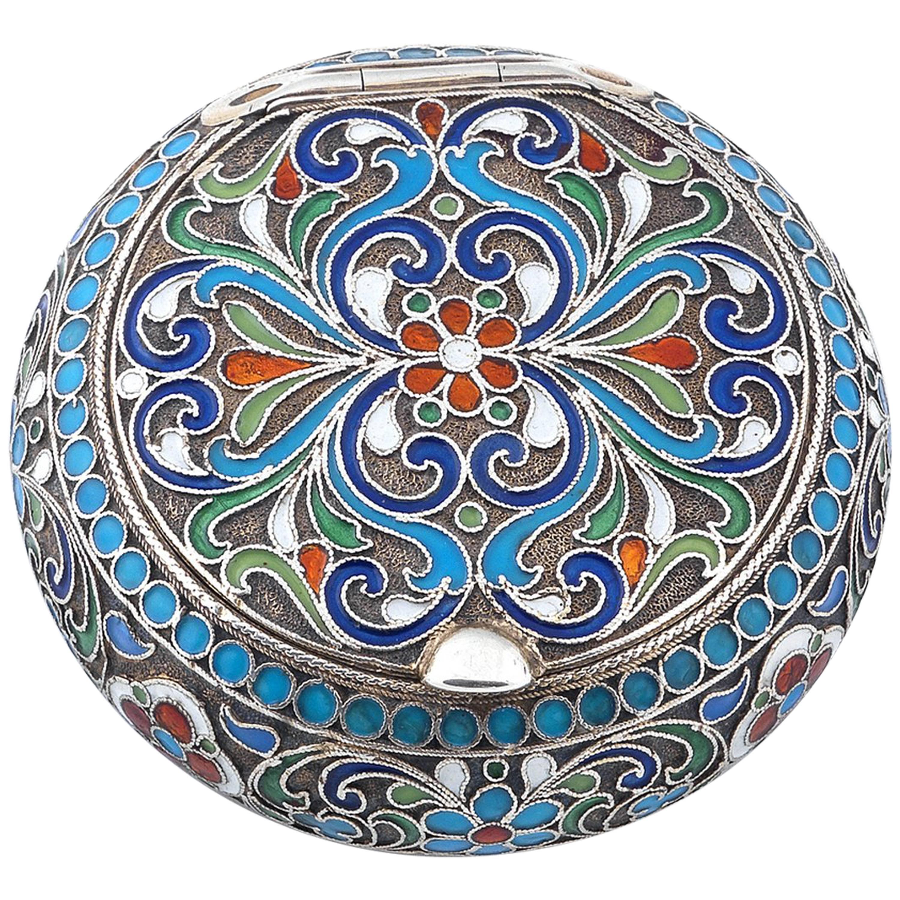 Russian Silver Gilt Multicolored Cloisonné Enamel Pill Box