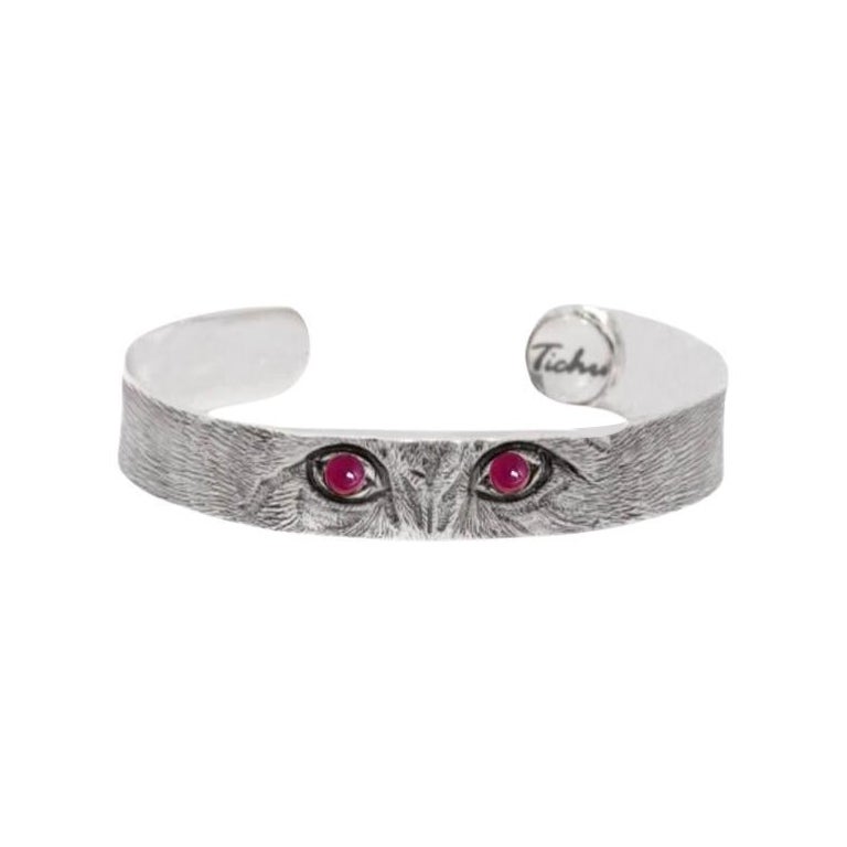 Tichu Ruby Cat Eyes Cuff in Sterling Silver and Crystal Quartz 'Size M' For Sale