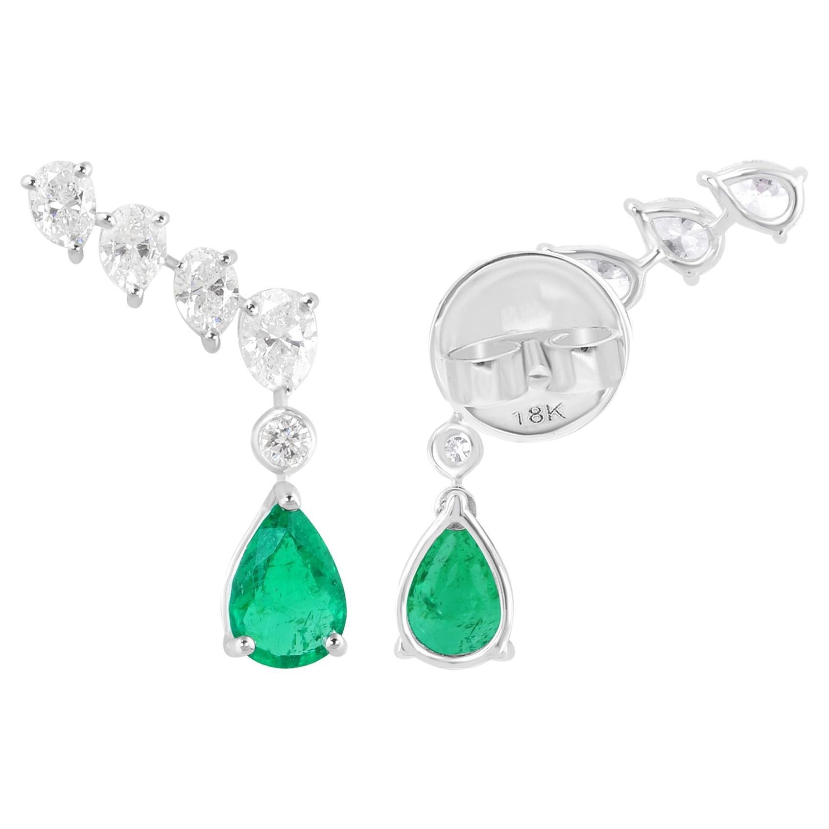 Zambian Emerald Ear Clamber Earrings Diamond 14 Karat White Gold Fine Jewelry For Sale