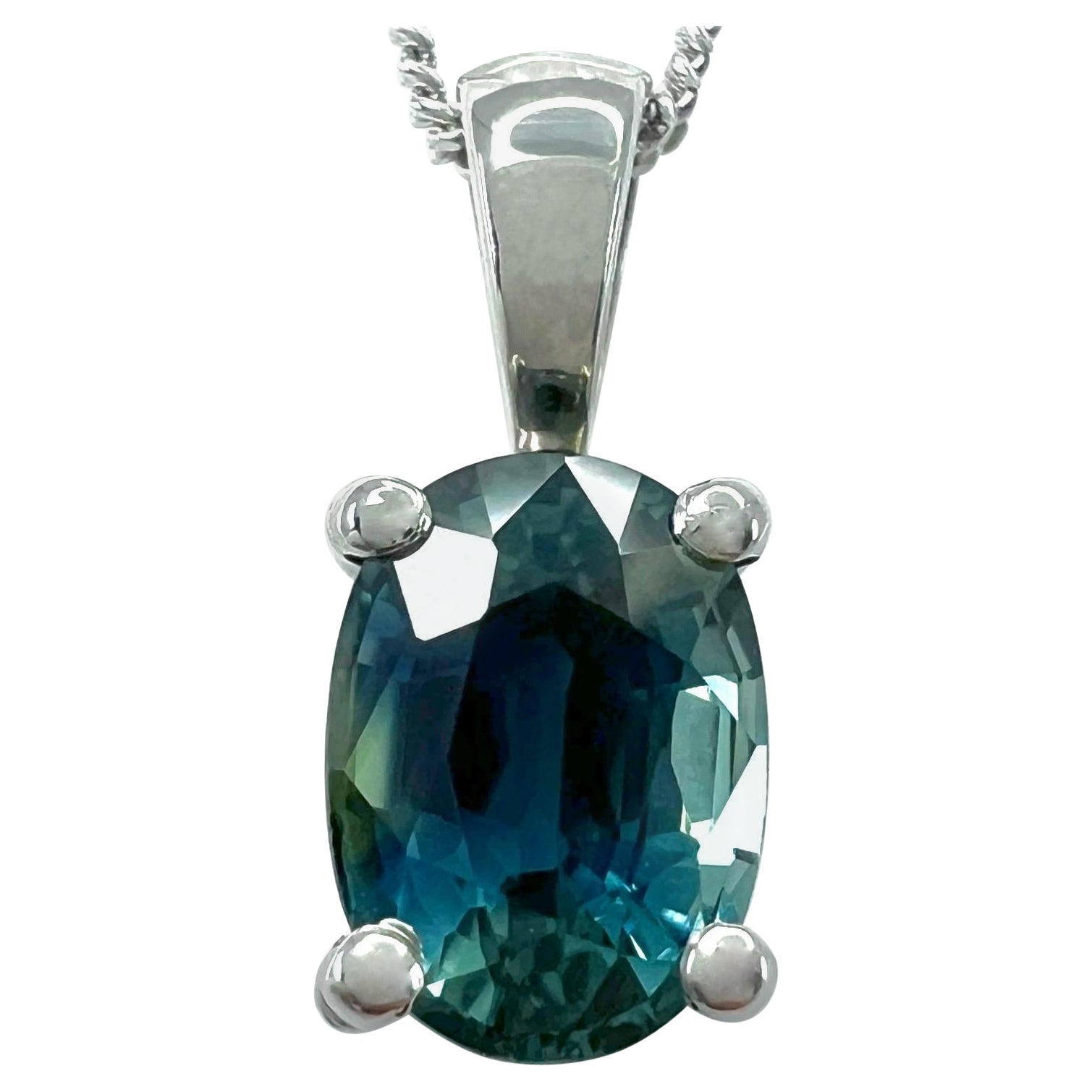 1.37 Carat Teal Blue Green Sapphire Platinum Oval Cut Solitaire Pendant Necklace For Sale