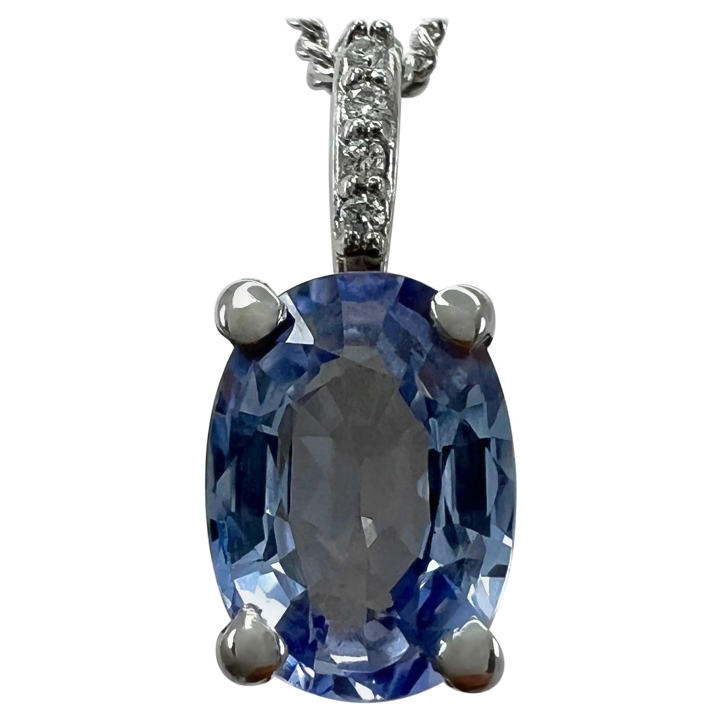 1.05ct Vivid Blue Ceylon Sapphire Diamond 18k White Gold Hidden Halo Pendant For Sale