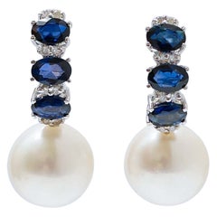 White Pearls, Sapphires, Diamonds, 18 Karat White Gold Earrings.