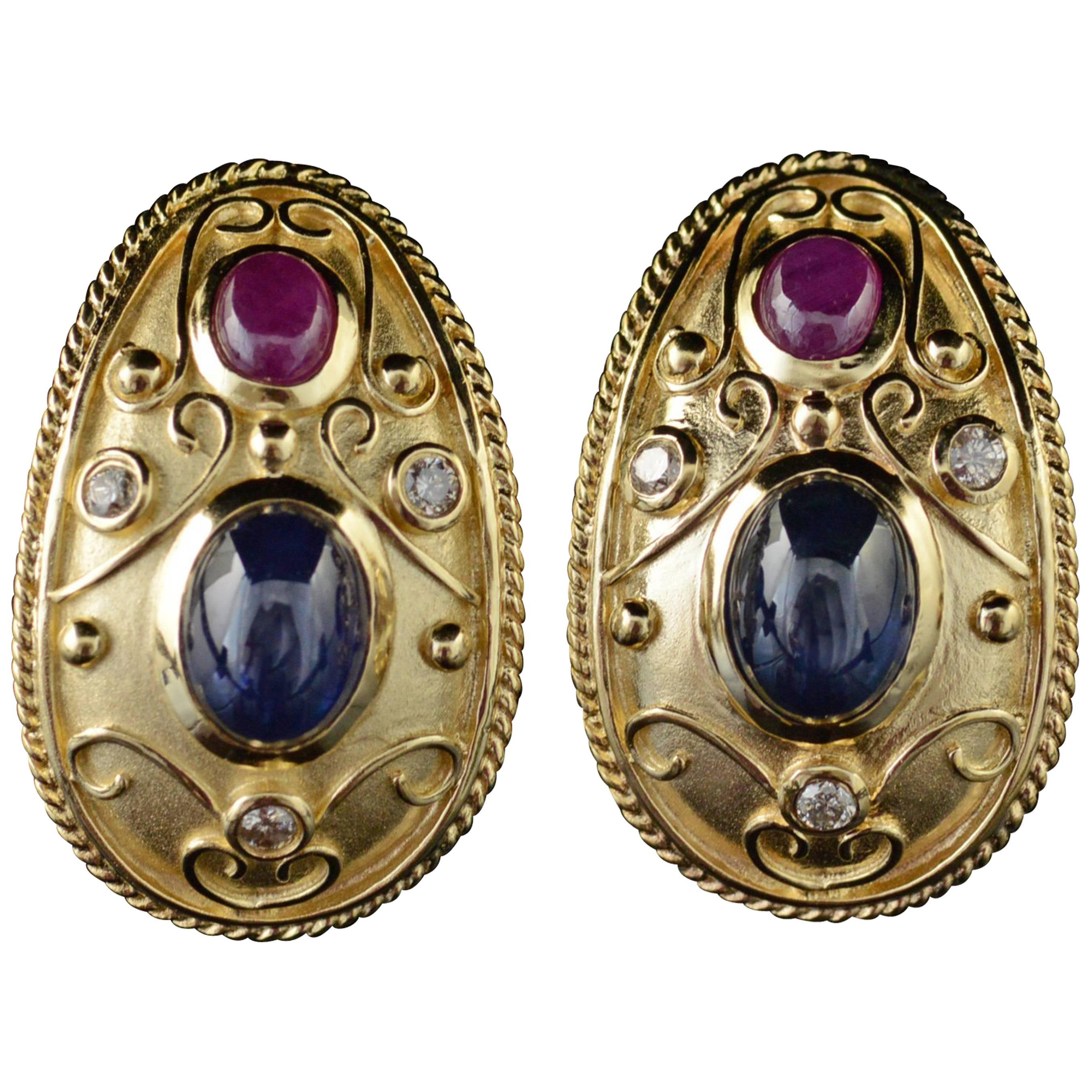 2.60 Carat Total Weight Sapphire Ruby Diamond Gold French Clip Earrings 