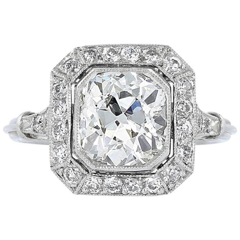 1.88 Carat Antique Cushion Diamond Halo Engagement Ring For Sale at 1stDibs