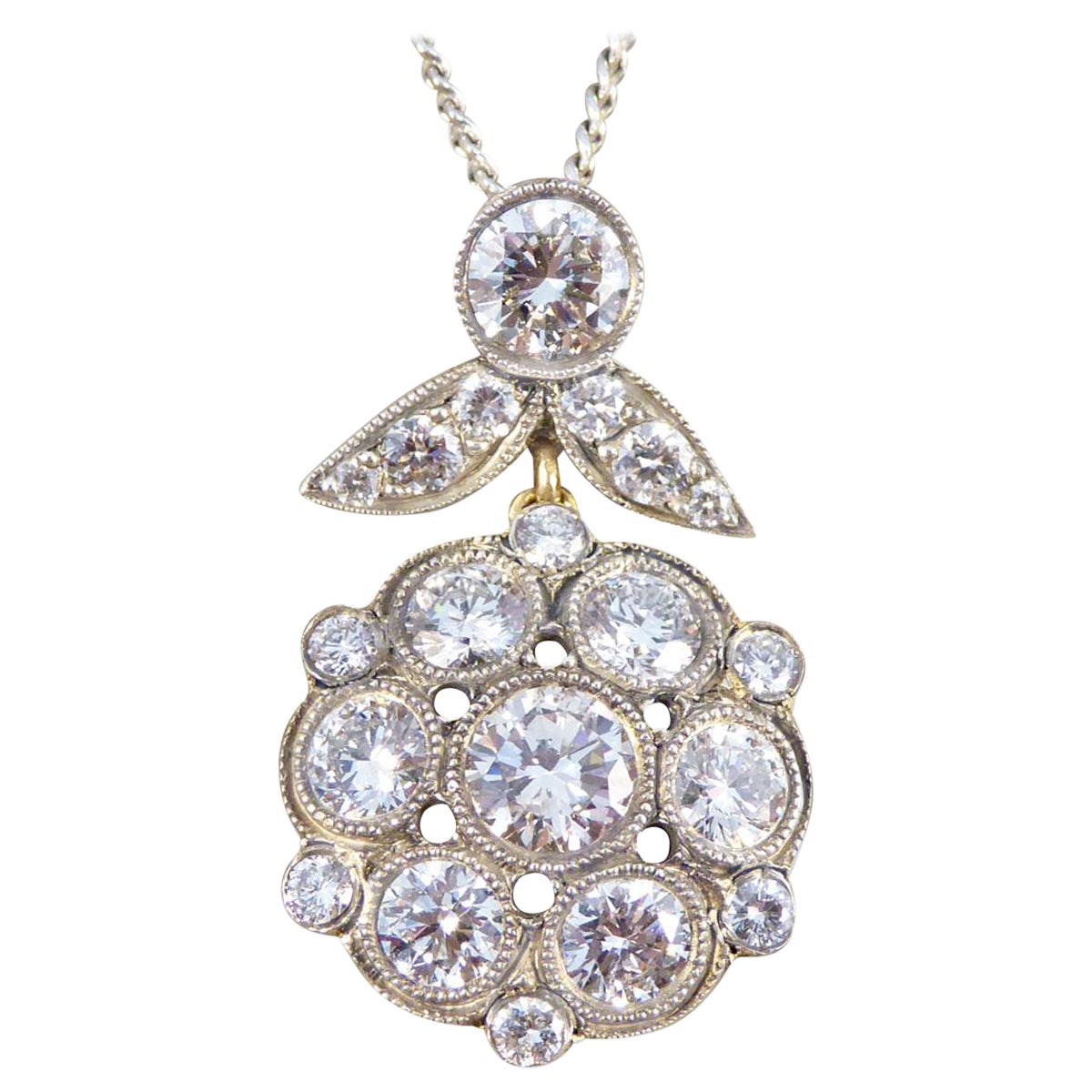 Antique Style 2.50ct Diamond Cluster Drop Pendant Necklace in Gold and Silver For Sale