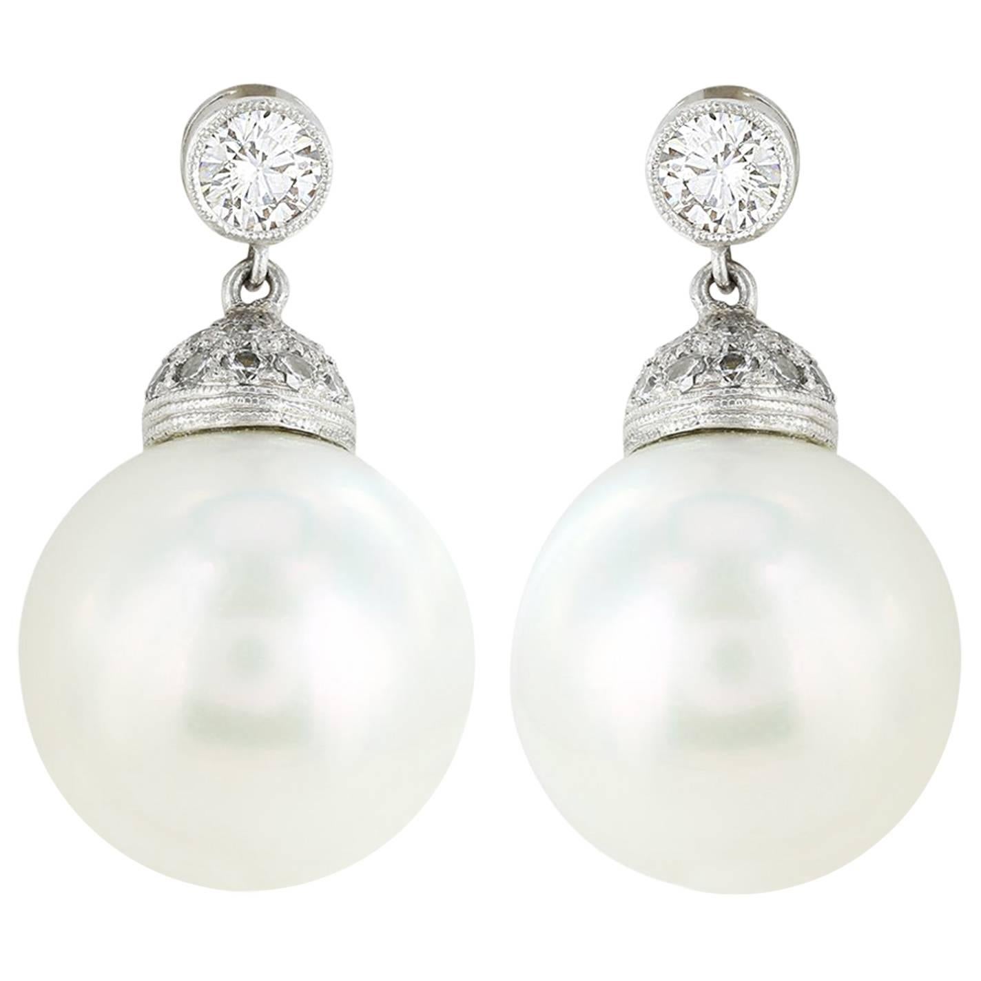 South Sea Pearl Diamond Platinum Drop Earrings For Sale