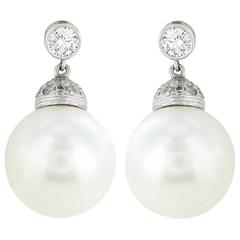 South Sea Pearl Diamond Platinum Drop Earrings