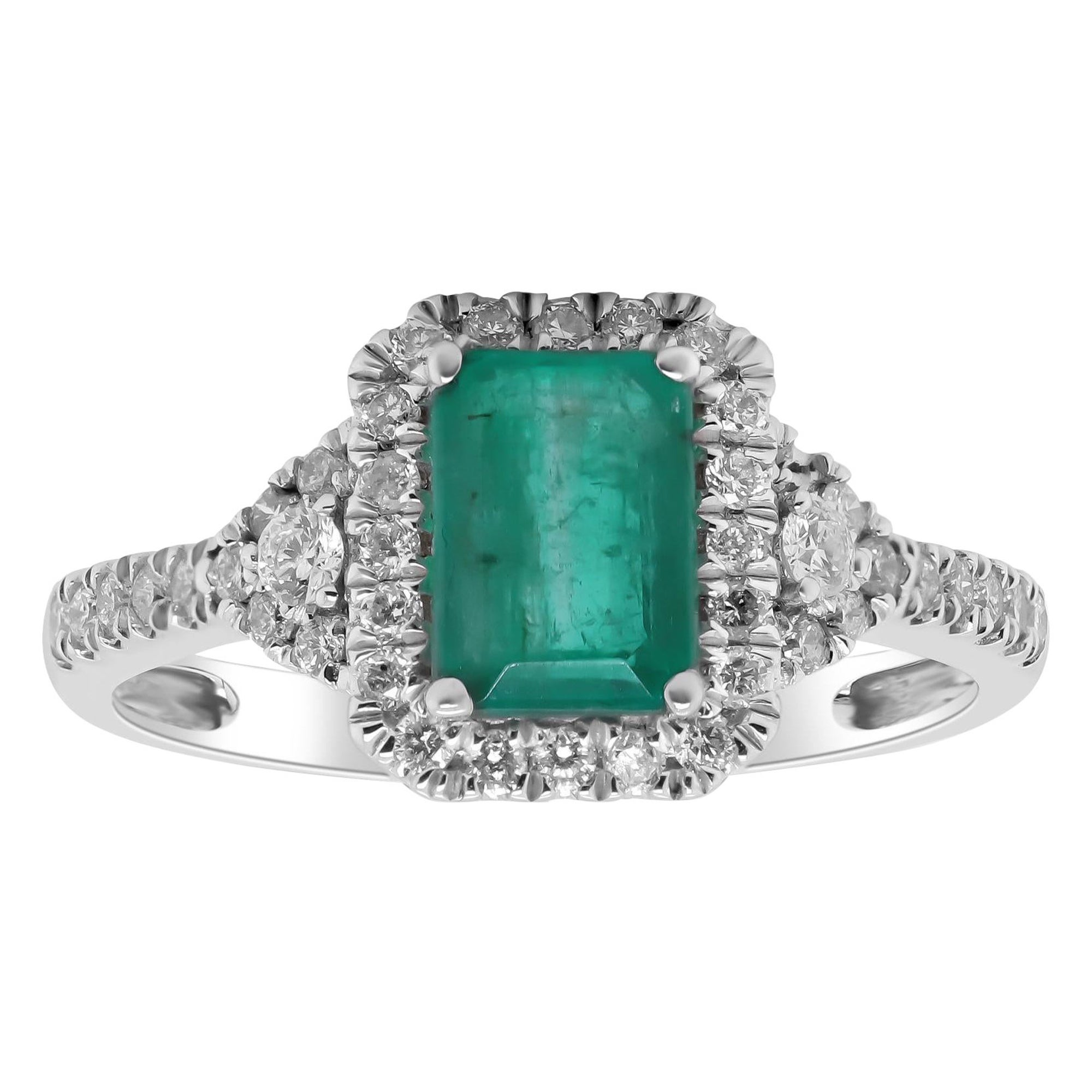 Classic Emerald-Cut Emerald and Round Cut White Diamond 14K White Gold Ring For Sale