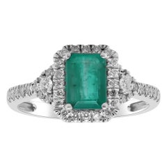 Vintage Classic Emerald-Cut Emerald and Round Cut White Diamond 14K White Gold Ring