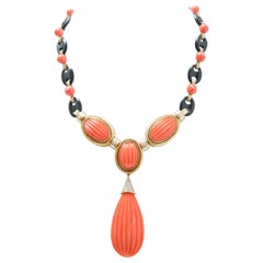 Vintage Coral, Onyx, Diamonds, 18 Karat Yellow Gold Necklace.