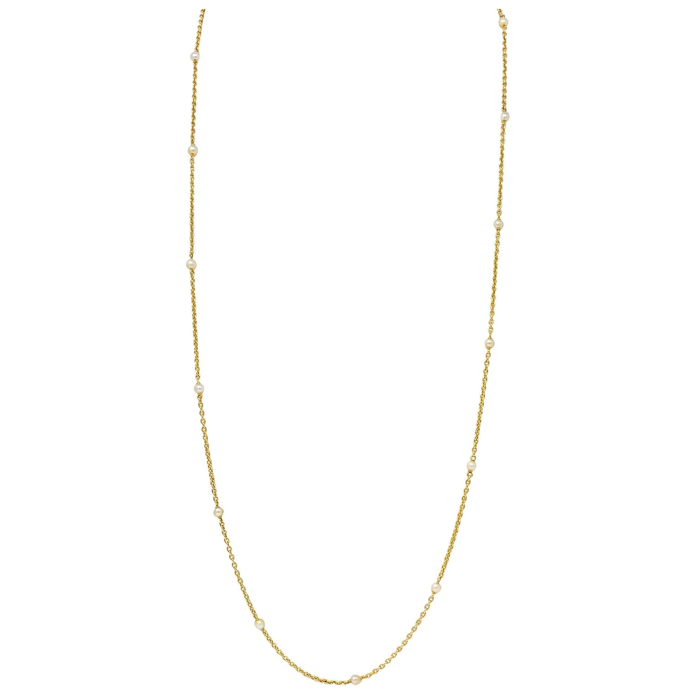 Französische viktorianische Perle 18 Karat Gelbgold 34 3/4 lange antike Station Halskette im Angebot