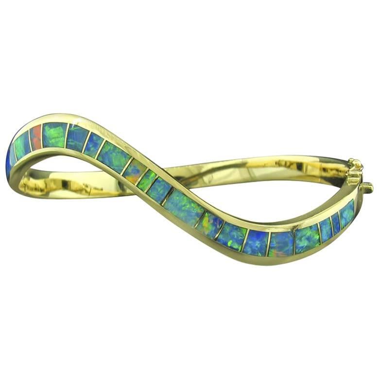 1990s Mark Hileman Opal Inlay gold Hinged Bracelet