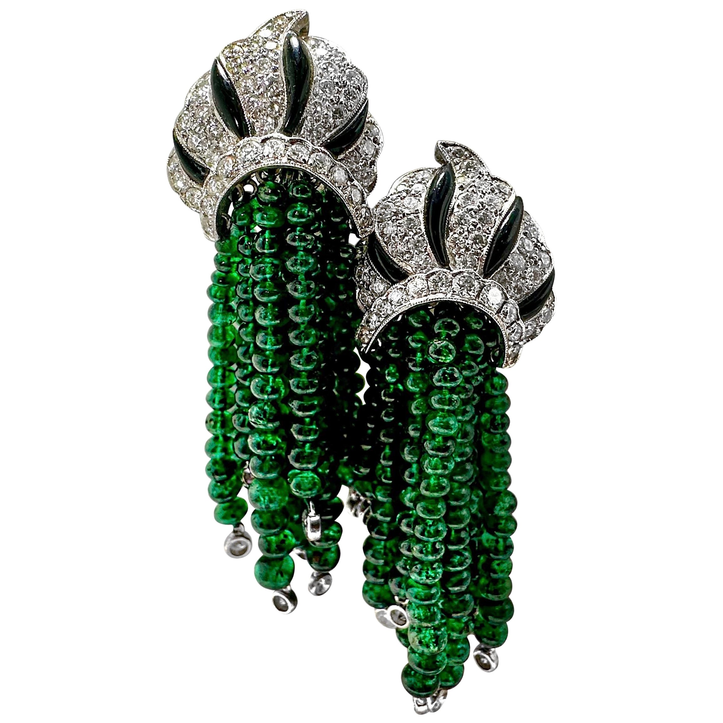 Art Deco Style, Onyx, Diamond and Emerald Bead Dangle Earrings in Platinum & 18K For Sale