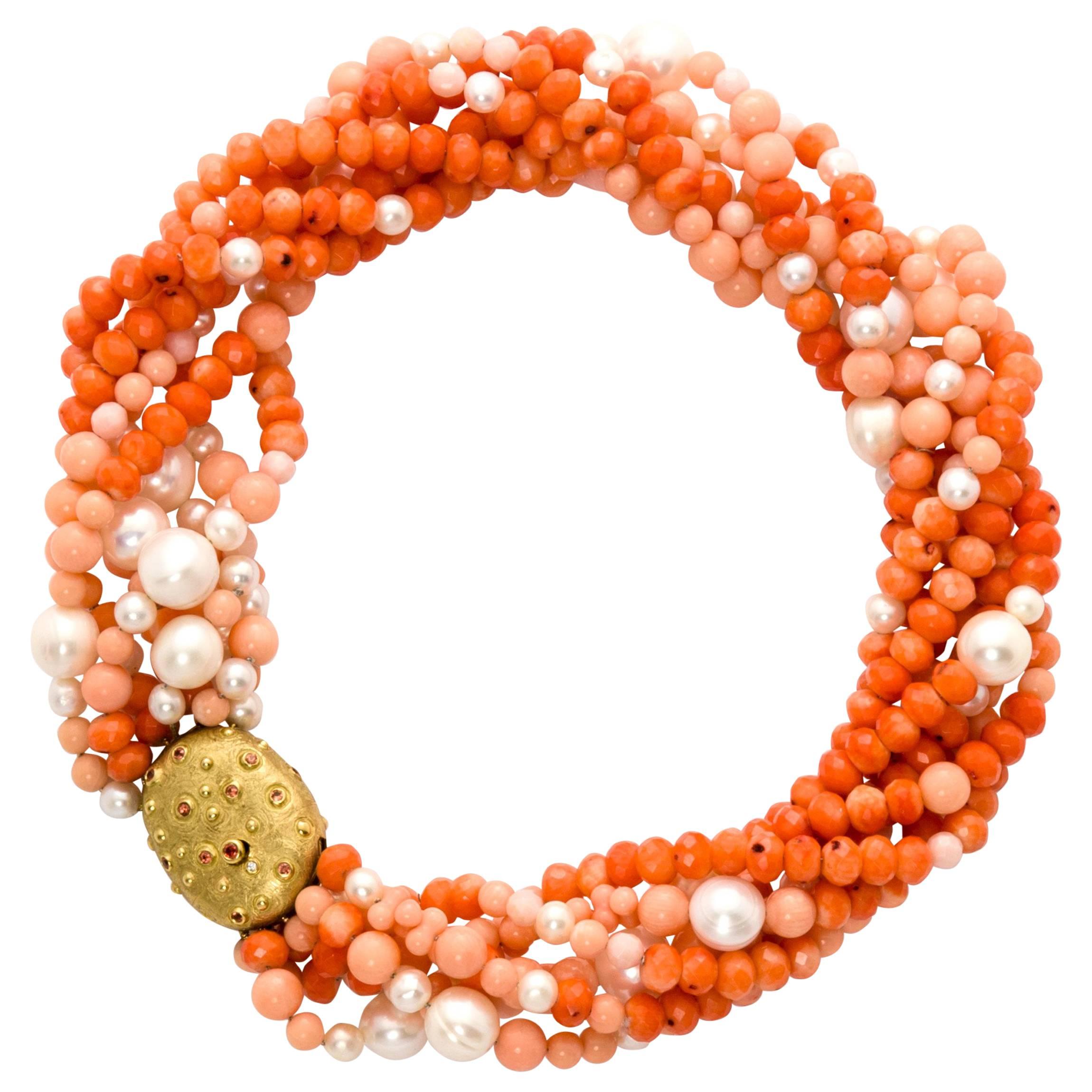 Pearl Sapphire Coral Gold Necklace