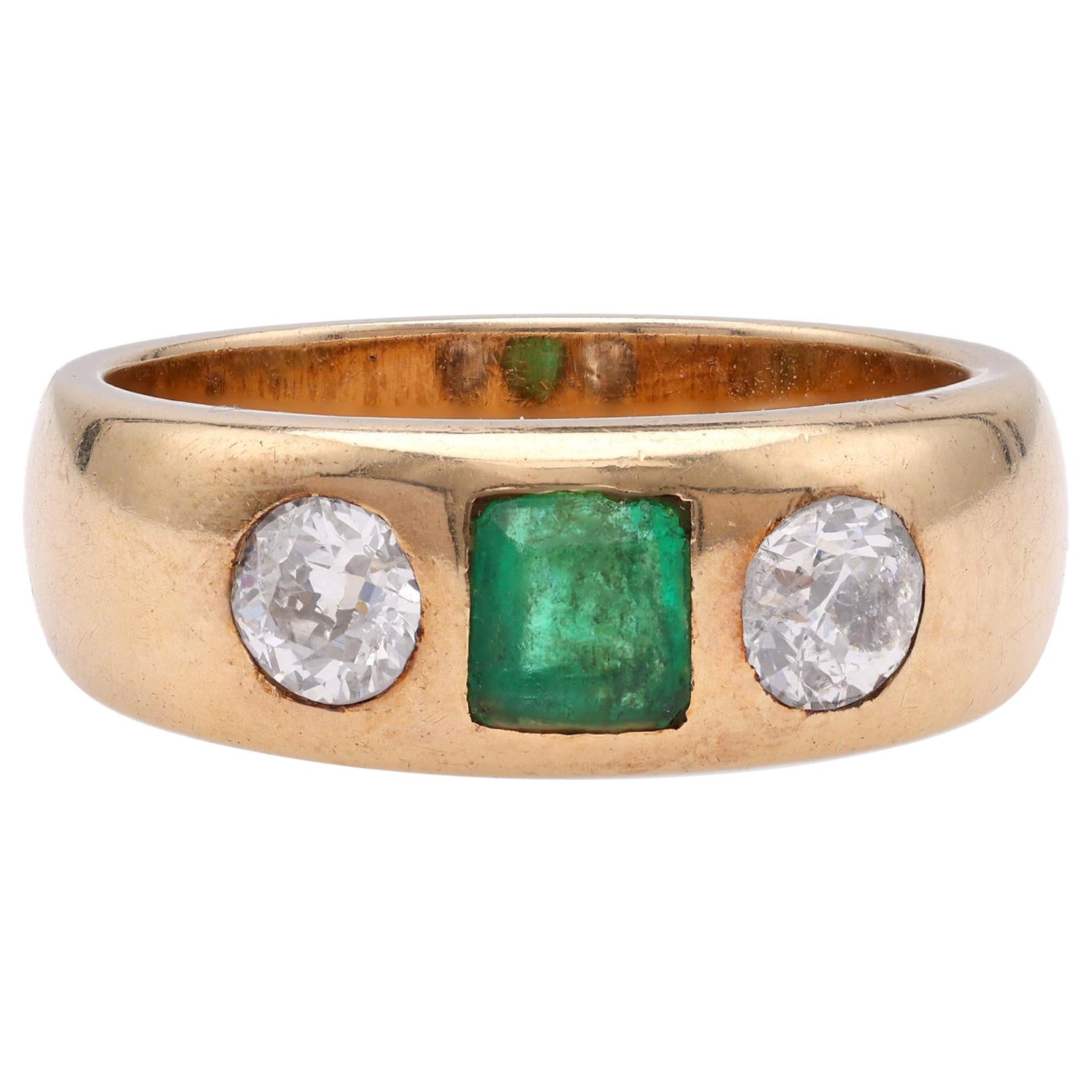 Austrian Mid Century Emerald Diamond Gold Gypsy Ring For Sale
