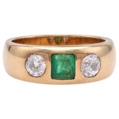 Austrian Mid Century Emerald Diamond Gold Gypsy Ring