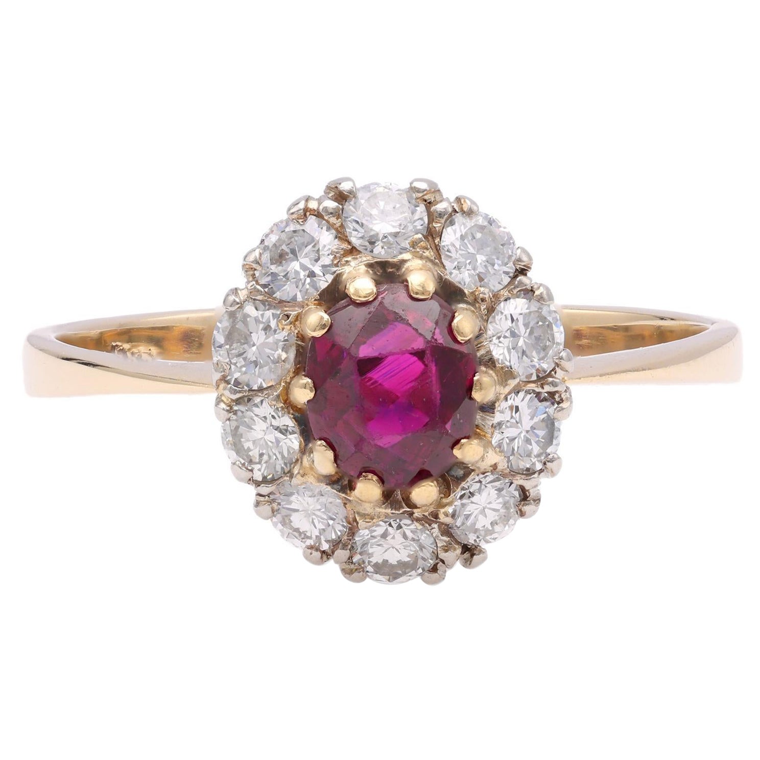 Austrian Mid Century Ruby Diamond Gold Cluster Ring For Sale