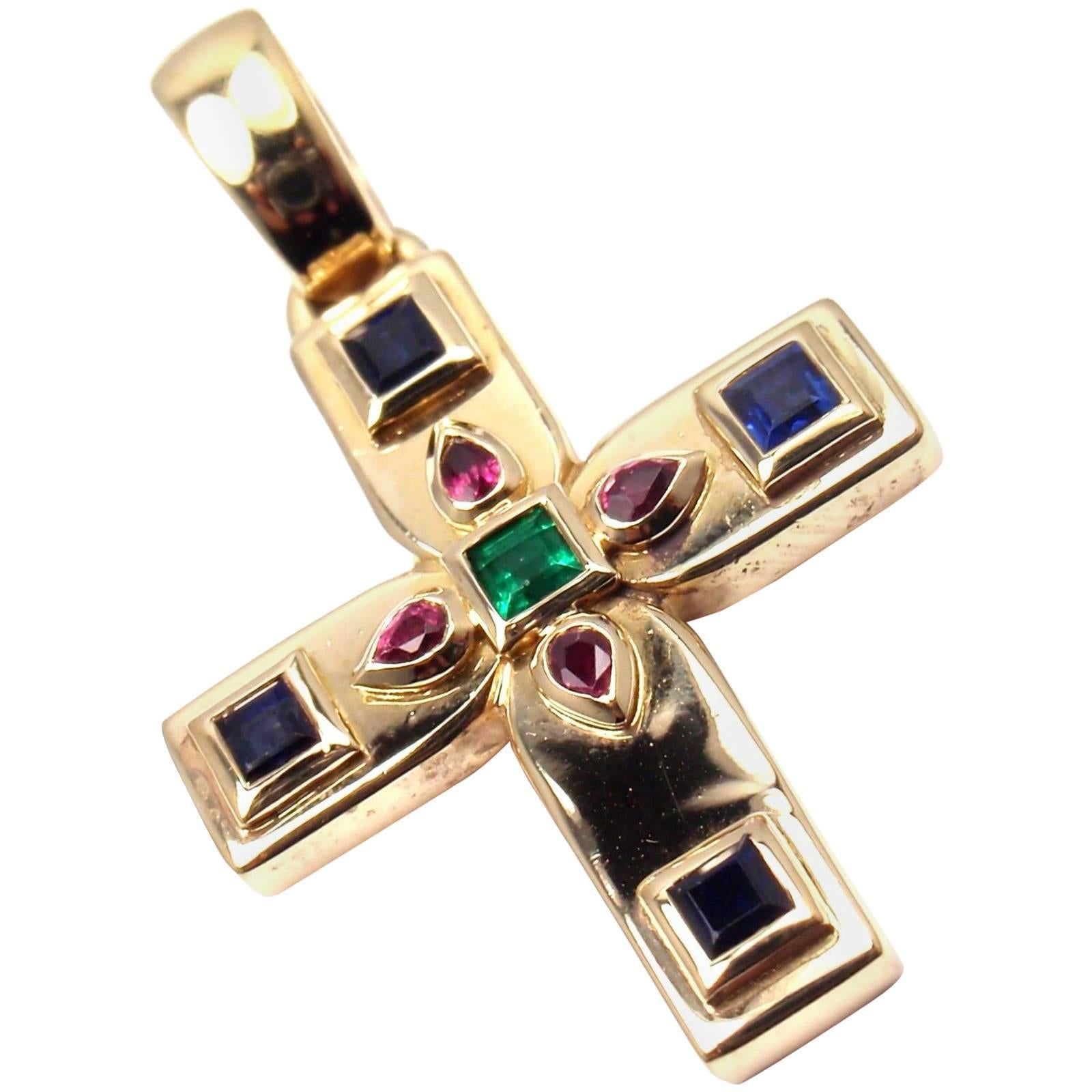 Cartier Vizantija Cross Sapphire Ruby Emerald Gold Pendant