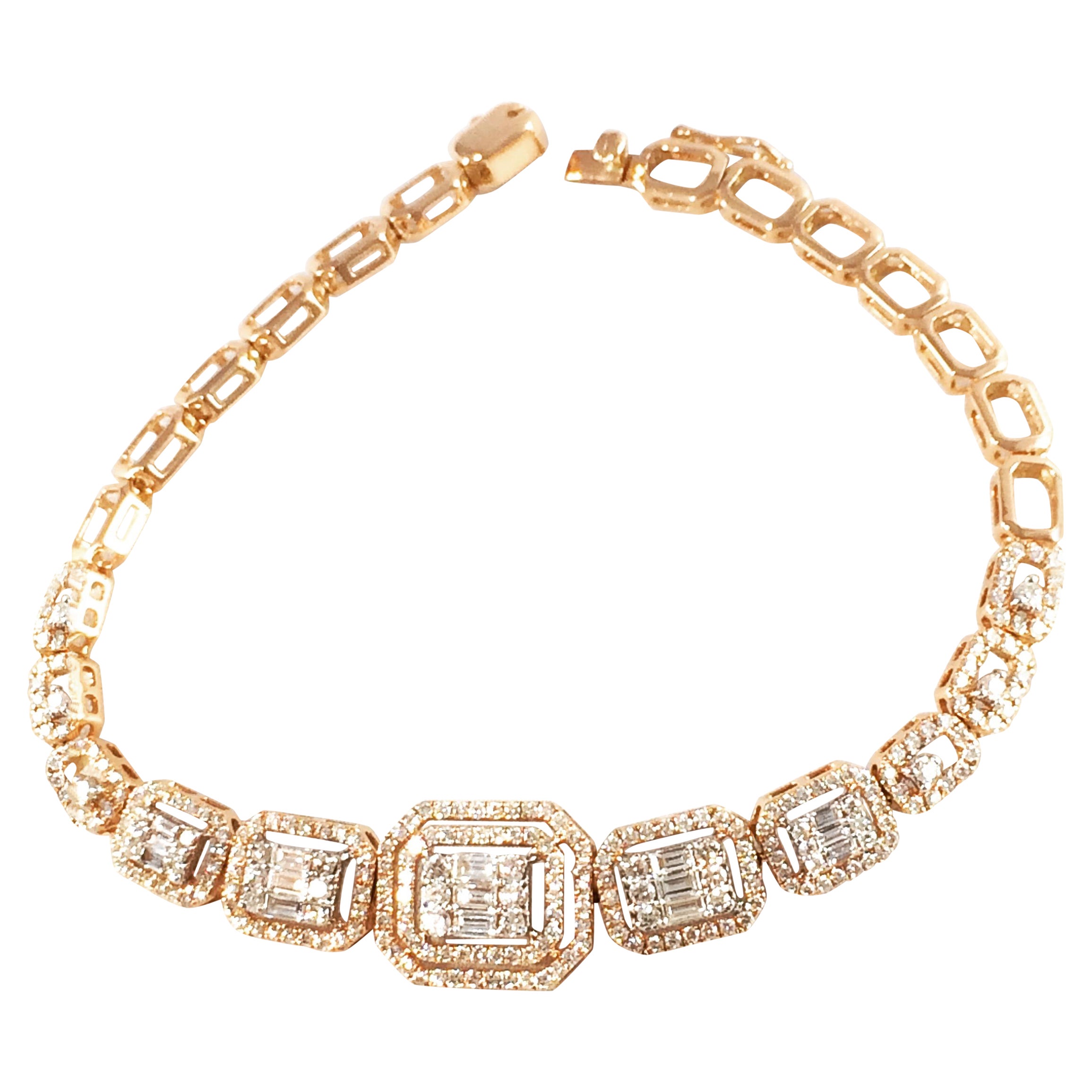 Genuine Natural Diamond Cluster Bracelet Baguette Round Diamonds 18ct Rose Gold  For Sale