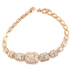 Bracelet grappe de diamants naturels véritables, diamants ronds et baguettes en or rose 18 carats 
