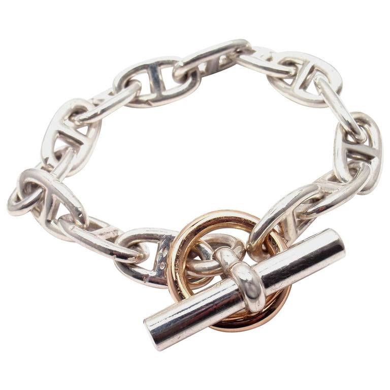 Hermes Chaine d'Ancre Sterling Silver Gold Link Bracelet at 1stDibs