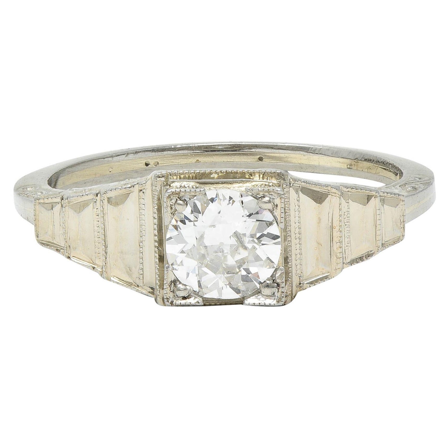 Art Deco Old European Cut Diamond 18 Karat White Gold Vintage Engagement Ring For Sale