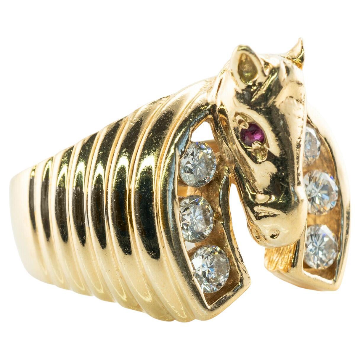 Diamond Ruby Horse Ring 14K Gold Horseshoe Band Vintage For Sale