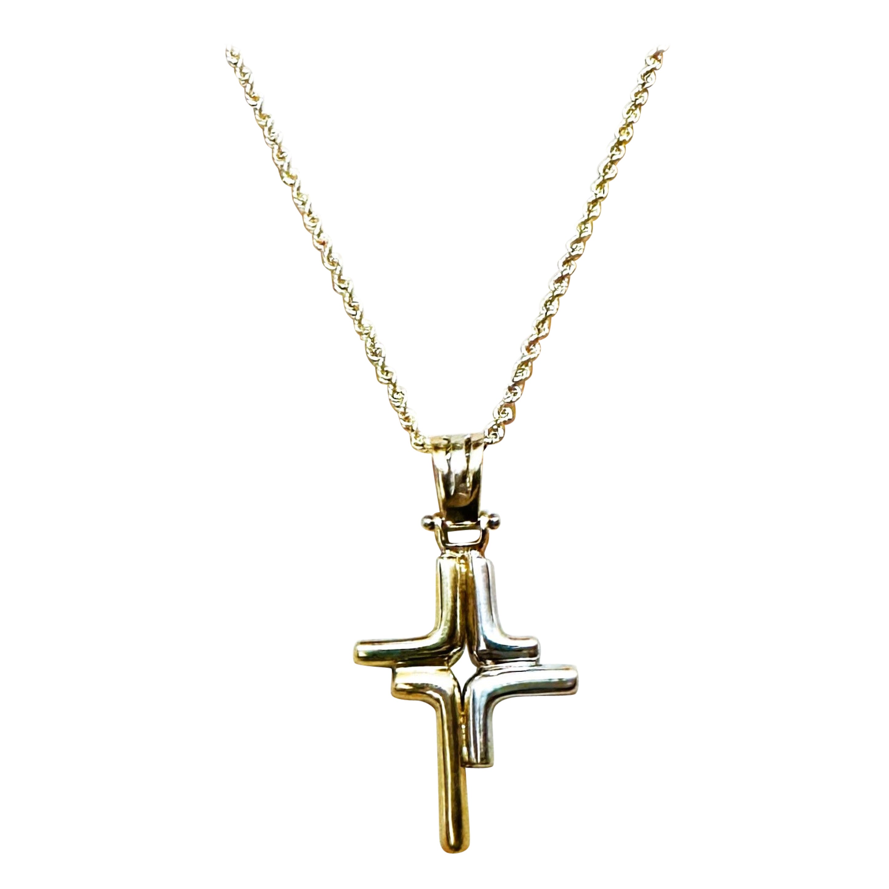 18K Yellow and White Gold Modern Cross Pendant with 14k Yellow Gold Chain 18.5" For Sale