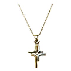 18K Yellow and White Gold Modern Cross Pendant with 14k Yellow Gold Chain 18.5"