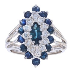White Gold Sapphire Diamond Double Halo Ring - 14k Marquise 3.17ctw Cluster
