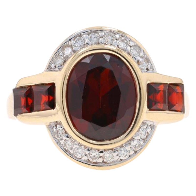 Yellow Gold Garnet Diamond Ring - 14k Oval & Square 3.64ctw Halo-Inspired For Sale