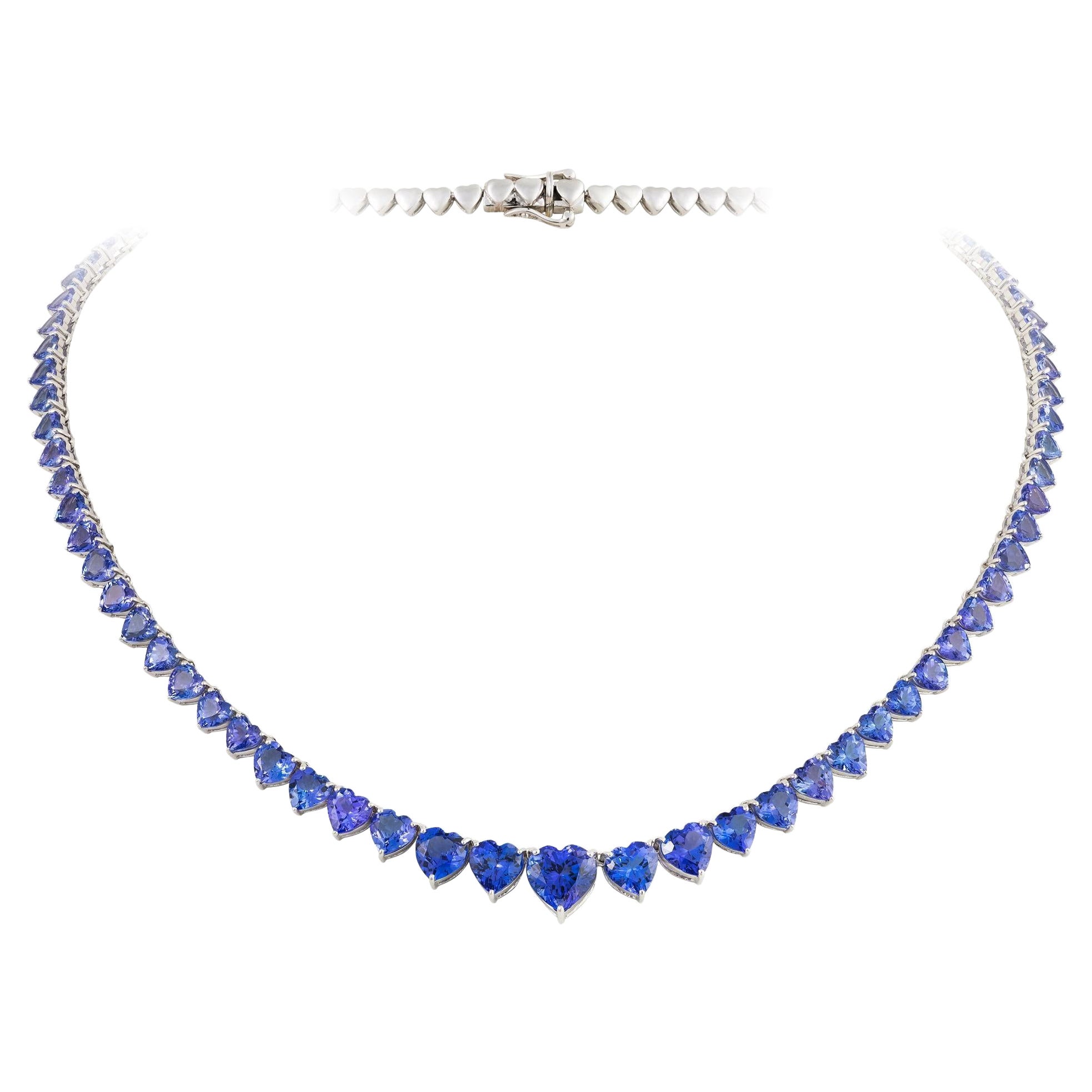 NWT $32, 000 Glittering Fancy Large Graduated Heart Tanzanite Tennis Necklace For Sale