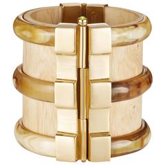 Fouche Diana Vreeland Horn Wood Fire Opal Gold Cuff Bracelet