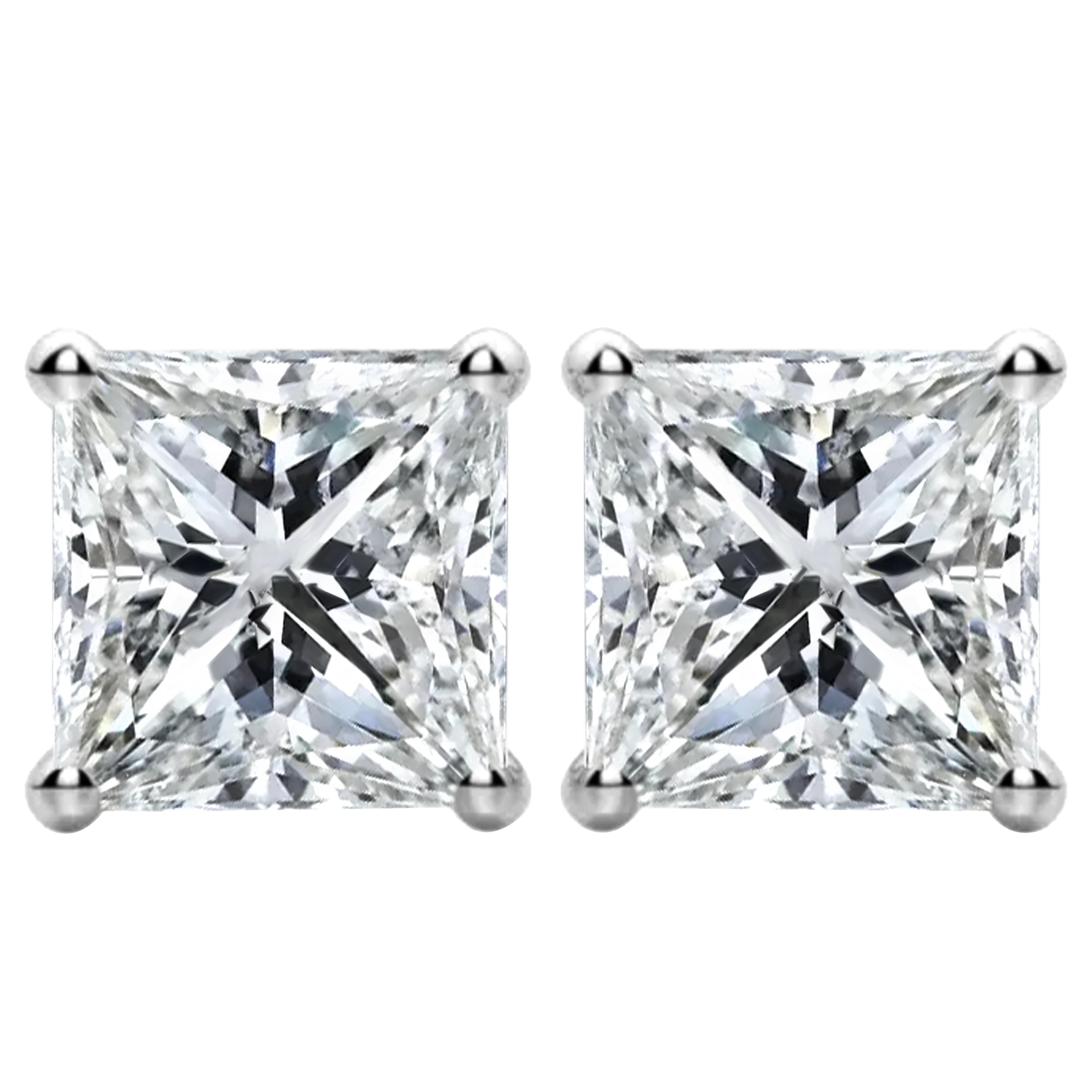 1 3/5 Carat Ct Real Natural Princess Cut Diamond Stud Earrings 14k White Gold 2 For Sale