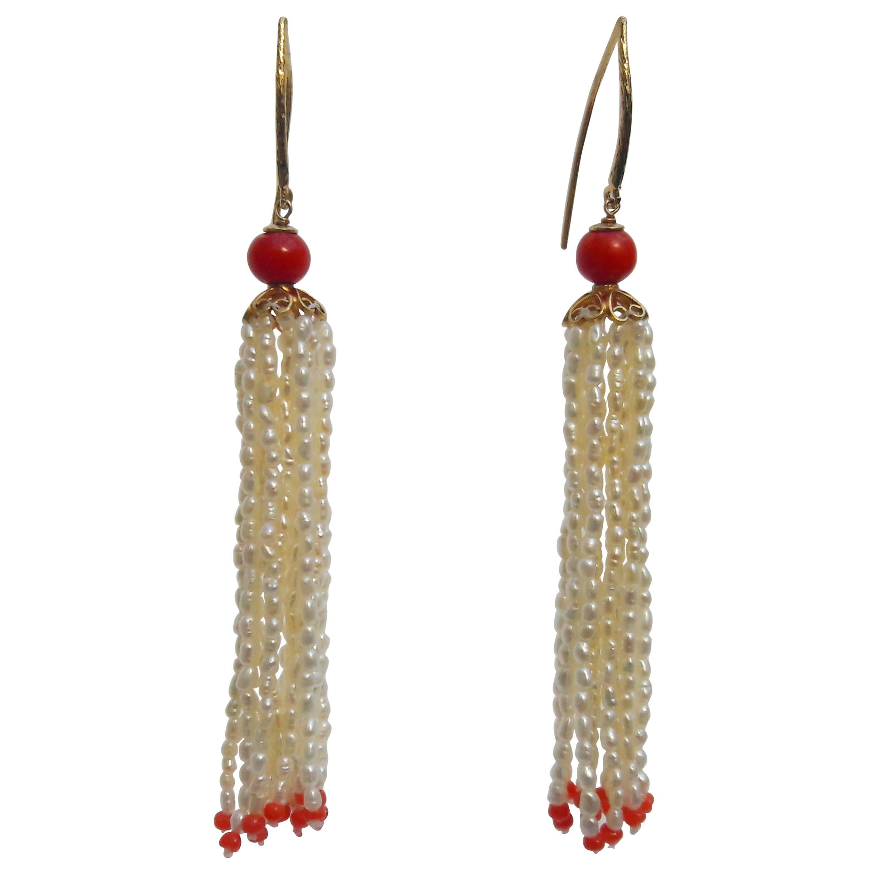 Marina J. Pearl and Coral Tassel Earrings with Gold Findings and Filigree Cup