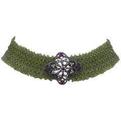 Marina J Woven Faceted Peridot Bead Choker with Silver Ruby Pearl Centerpiece